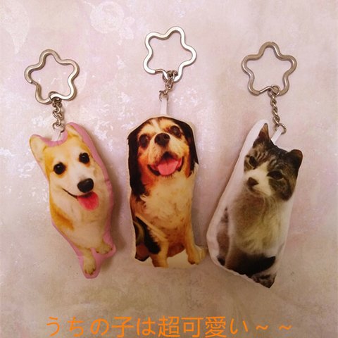 オーダーメイド　3点セット　ペットの姿そのままに！愛犬・愛猫ペット写真ストラップ・キーホルダークッション　