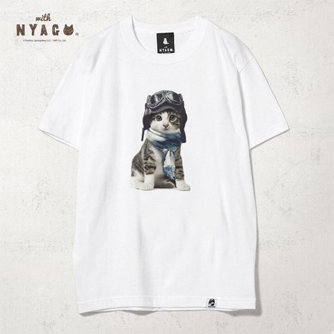 with NYAGO Tシャツ 半袖 猫 グラフィックシャツ tシャツ［ パイロット ノアちゃん キジ白 1010 ］