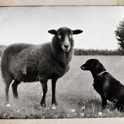 フランスの田舎のイメージ、羊と黒い犬、レトロ風写真、アート、古い写真　conistock_31203_02