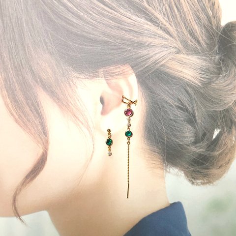 イヤーカフ付きアシンメトリーピアス