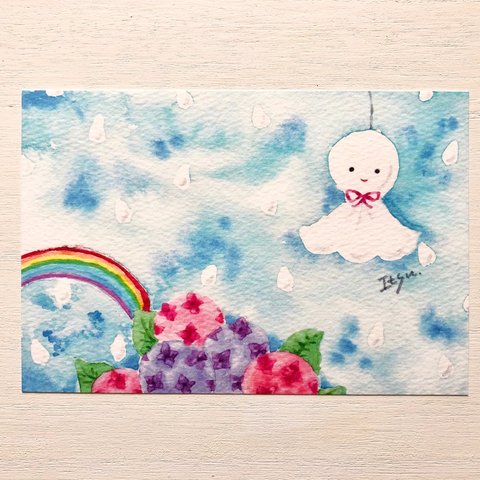 ☂️透明水彩画「てるてる坊主」イラストポストカード２枚セット　虹　雨　紫陽花　あじさい　母の日　父の日　梅雨☂️