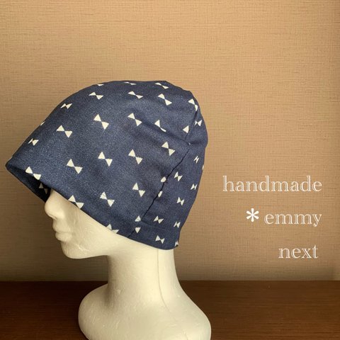 送料無料＊handmadeダブルガーゼ帽子〈ribbonデニム風プリントIndigo〉ケア帽子　ケアキャップ