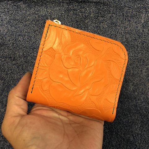 革　Ｌ字ファスナー　財布　オレンジ　型押しローズ