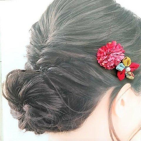 マムとつまみ細工の髪飾り・ヘアピン2個セット（モーヴピンク＆ベージュ）