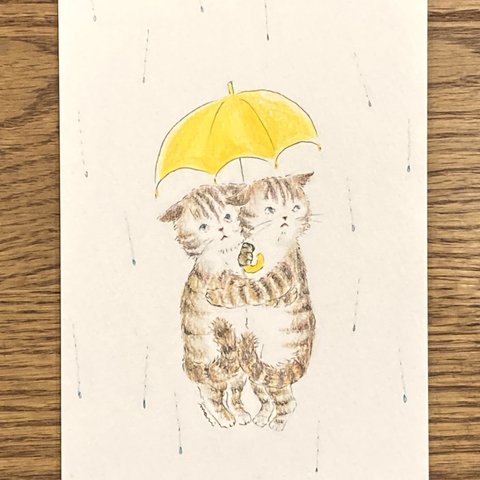 【雨に濡れたくない】　原画　額入り　ハガキ