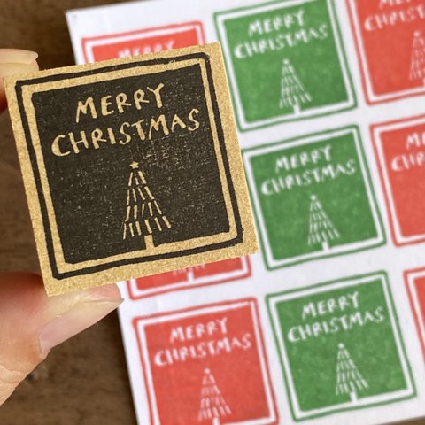 【MERRY CHRISTMASツリー】クリスマスはんこ　3cm角　ラバースタンプ