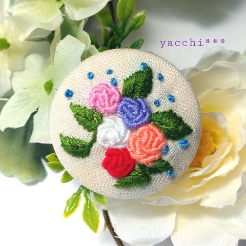 🌹くるみボタン 刺繍 ポニーフック🌼*･バラ🌹