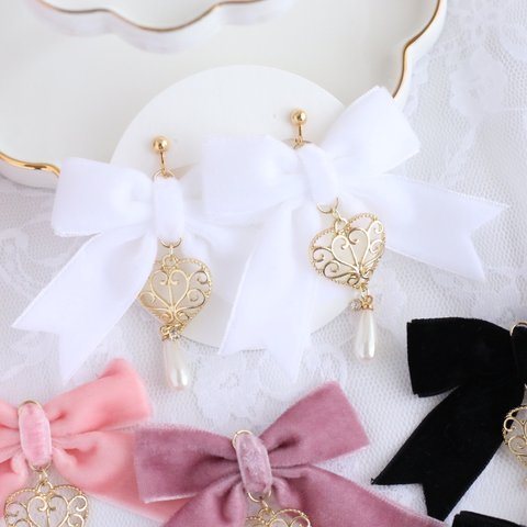 【4カラー】ベルベットリボン🎀ハートとドロップパールのピアス♡イヤリング