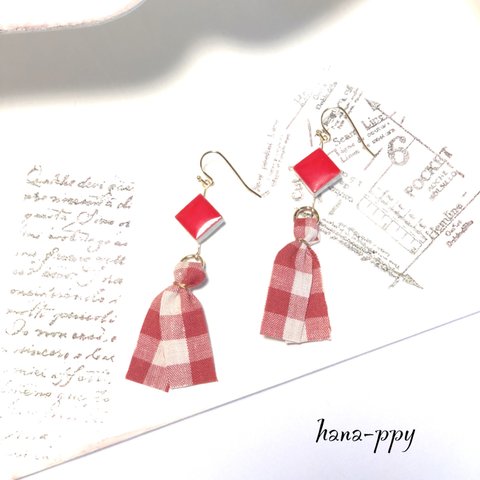 country check tile ribbon tassel ピアスorイヤリングor樹脂ピアス