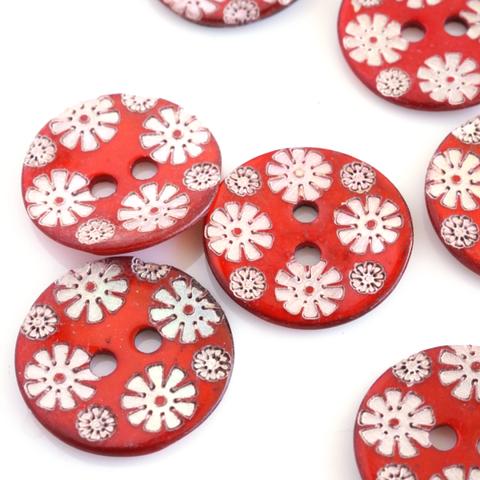 (２個) フランス製 貝ボタン 15mm 花柄 赤 ＊ シェルボタン レッド 女の子服
