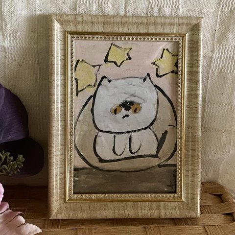 絵画。原画手描き【かわいい猫がソファーで星を見ている】