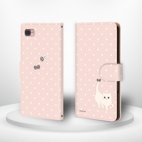 ちょうちょとにゃんこ 白ねこ ピンク Apple iPhone   android 手帳型ケース  1902-310