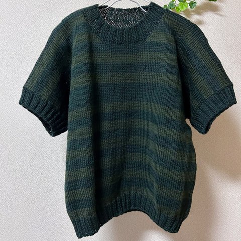 【新作】手編み　ニット　柄　半袖　濃緑