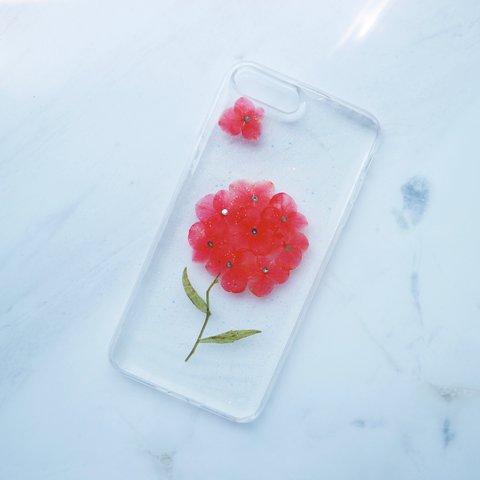 【iPhone SE2/11シリーズ対応こんまり朱色＜紫陽花＞モチーフ ドライフラワー かわいい押し花UVレジン(SPCa0243RD)◆スマホケース/iPhoneケース