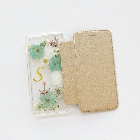 猫 イニシャル 押し花 ミントグリーン【手帳型スマホケース】 iPhoneケース iPhone14Pro/13Pro/12Pro/SE/11Pro/XR/XS/8/7