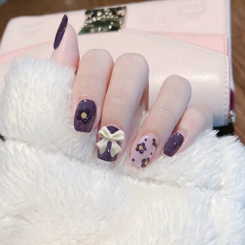 韓国ファッション　リボン×お花　フレンチガーリー　紫　パープル　短め　ネイルチップ　-3107