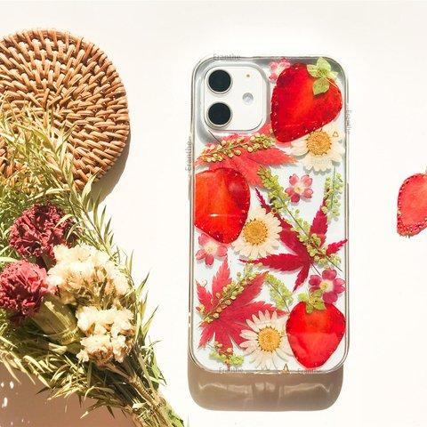 『🍓いちご🌸カモミール』押しフルーツ スマホケース アイフォン　iPhone　押し花 ケース  シンプル 押し花 フルーツ スマホケース Galaxy Xperia iphone iPhone11