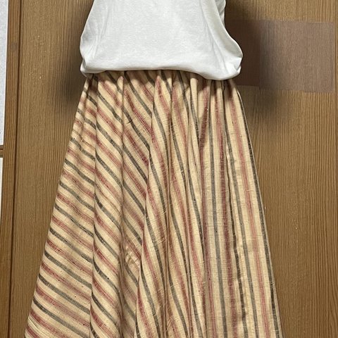 着物リメイク　縞　紬のたっぷりフレアースカート　フリーサイズ