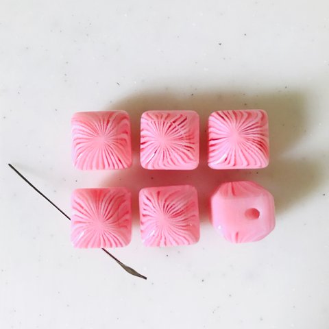 Pink Striped Off Center Cube Beads