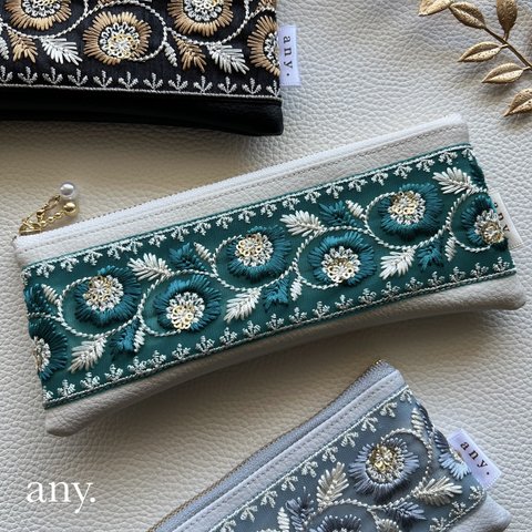 【受注製作🪡】 再販✨インド刺繍リボン♡メガネケース👓ペンケースにもぴったり✨blue green🌿