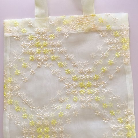 オーガンジー 花刺繍  エコバッグ  畳めるバッグ サブバッグ 洗えるエコバッグ