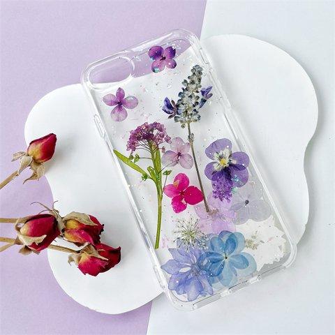 紫陽花&千鳥草押し花スマホケース、全機種対応、手帳型、四隅にショルダーホール、iPhone15、iPhone15Pro、iPhone15plus、iPhone14Pro 、GooglePixel