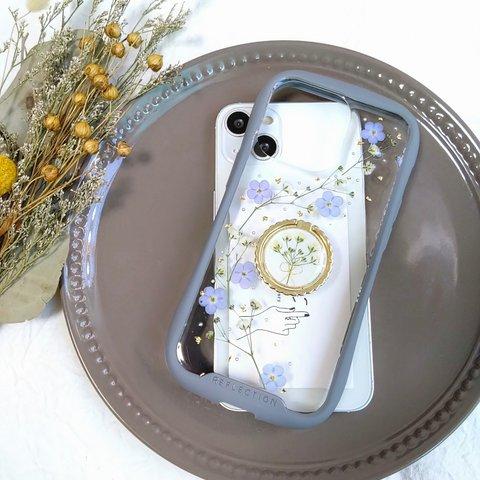 iPhoneケース　スマホケース　スマホリング付き 押し花携帯カバー