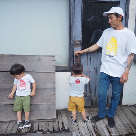 パパとお揃いコーデ3枚セット☆彡 かき氷 メンズ＆キッズベビーTシャツ ☆親子リンクコーデ ☆親子ペアTシャツ ☆父の日Giftに ☆お得なセット割引☆