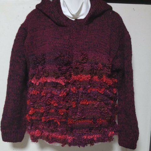 手編みカーディガン　手編みセーター　ニット　レディース　フード付