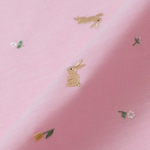 刺繍生地 【おさんぽうさぎ/ピンク】 カットクロス 綿ポリ