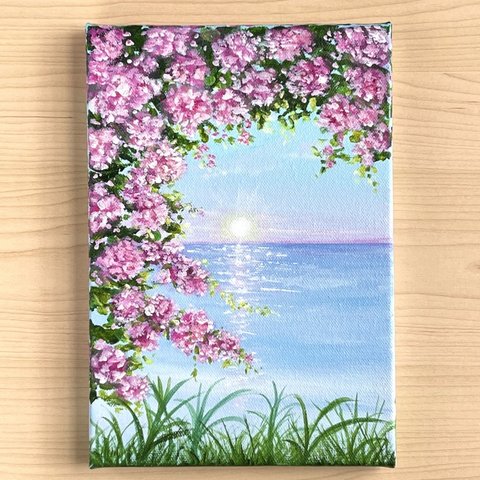 アクリル画《原画》✴︎ 花の海辺と朝陽✴︎  