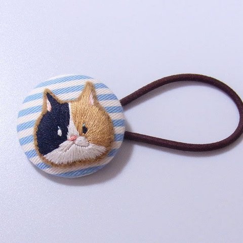 しましま【水色】☆チビネコヘアゴム　＊刺繍＊猫