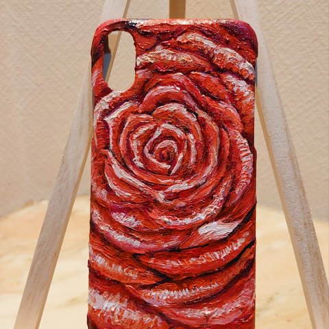 油絵 手作りスマホケース【赤い薔薇】