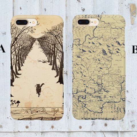 【iphone】猫と森/地図 アンティーク スマホケース