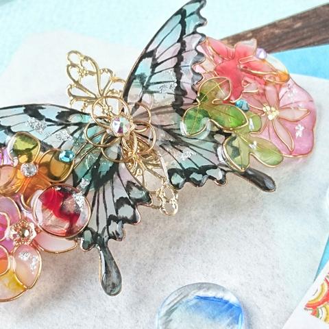 （8 cm金具）（A）夏祭りの命の蝶と金魚バレッタ（（hair ornaments of 【Life of butterfly】 and gold fish）.