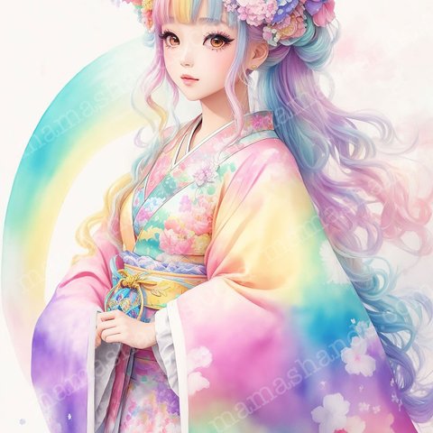 パステルカラー 虹色の着物を着る女性のイラスト アート （デジタルコンテンツ ダウンロード販売）