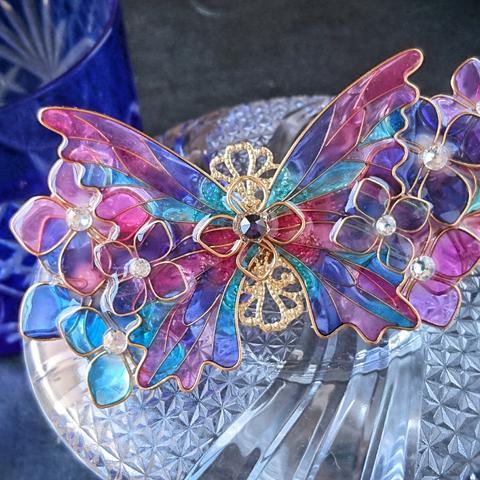 （B）ステンドグラスの蝶と紫陽花バレッタ〜夏花色〜（hair ornaments Stained glass butterfly ）