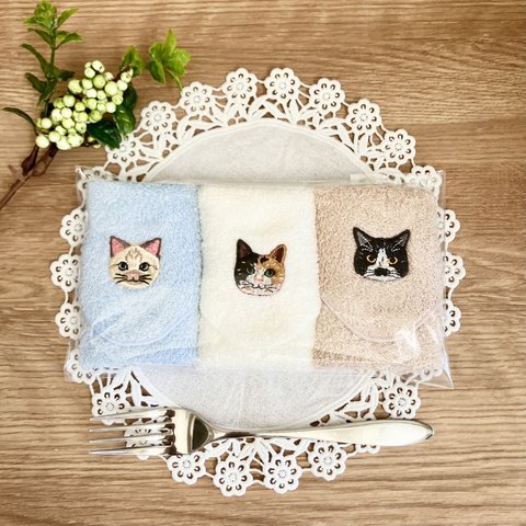 猫さん刺繍とふんわりパステルカラーの泉州ハンカチ3色セット♡♡