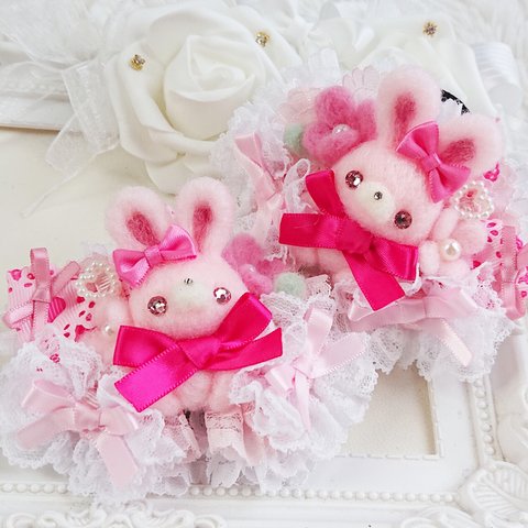 お花とピンクうさ🌸ツインヘアゴム💝🐰リボン୨୧キッズ୨୧プレゼントにも💛  Bouquet&baby