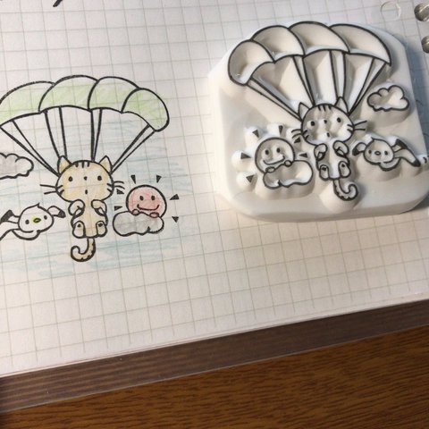 空からパラシュートでこんにちは〜！消しゴムはんこ