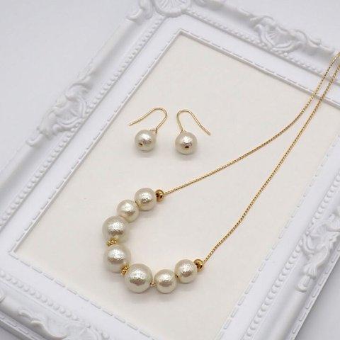 【コットンパール】シンプルパールネックレス＆ピアス／イヤリングセット