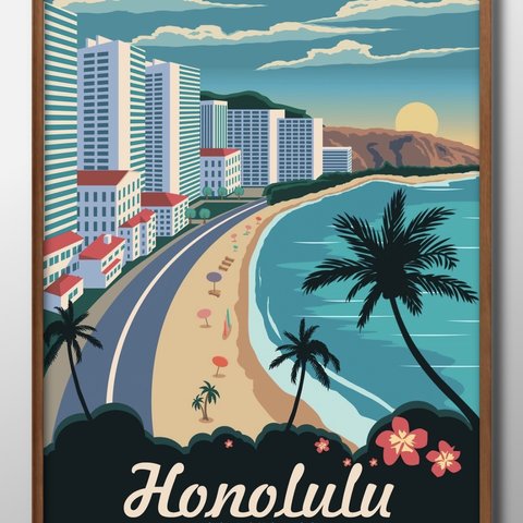 8790■ポスター　絵画　A3サイズ『Hawaii　ハワイ　ビーチ』アート　イラスト　デザイン　北欧　マット紙