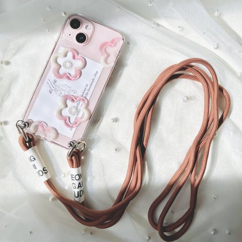 【全機種対応】カジュアルフラワーiPhoneケース ショルダータイプ pink