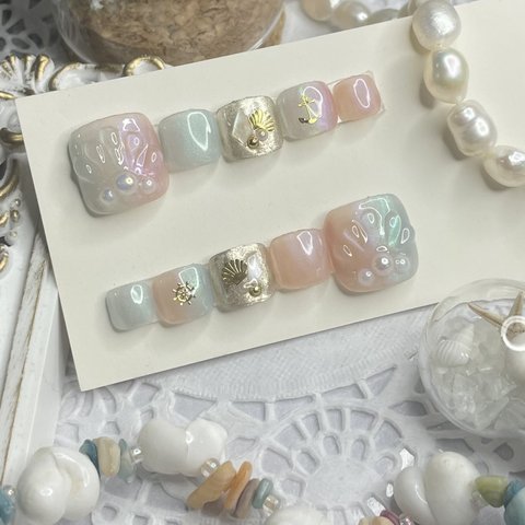 サイズオーダー♡グラデーションシェルフットネイルチップ　グリーン×ピンク　size order nail tip