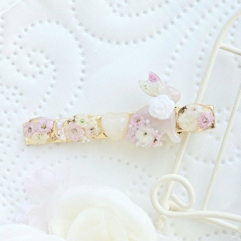 うさぎちゃん ( 淡色 ピンク ) ♡ かすみ草 アンティーク フラワー レジン ヘアクリップ ꕤ︎︎ 8cm ドライフラワー / レジンアクセサリー