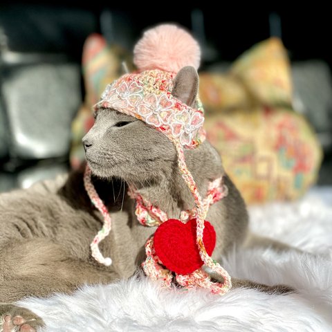 販売終了【猫用 帽子&マフラー】ポンポン帽子とハートマフラーのセット