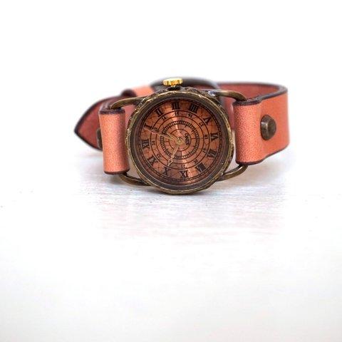 クラック ワールド ローマ Ｓサイズ　真鍮　ピンク（黒文字）手作り腕時計