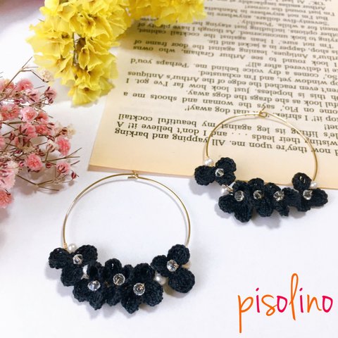 ohana　小花が咲いた　フープピアス～Black～