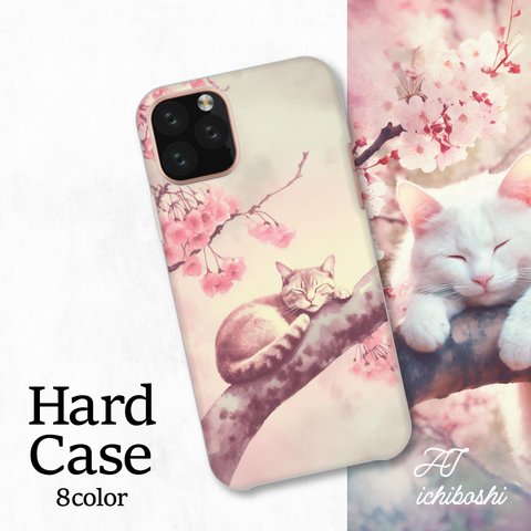 透明感 水彩画風 桜 白猫 風景写真 春 全機種対応スマホケース 背面型 ハードケース NLFT-HARD-a396