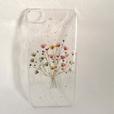 押し花iPhoneケース　ブーケかすみ草